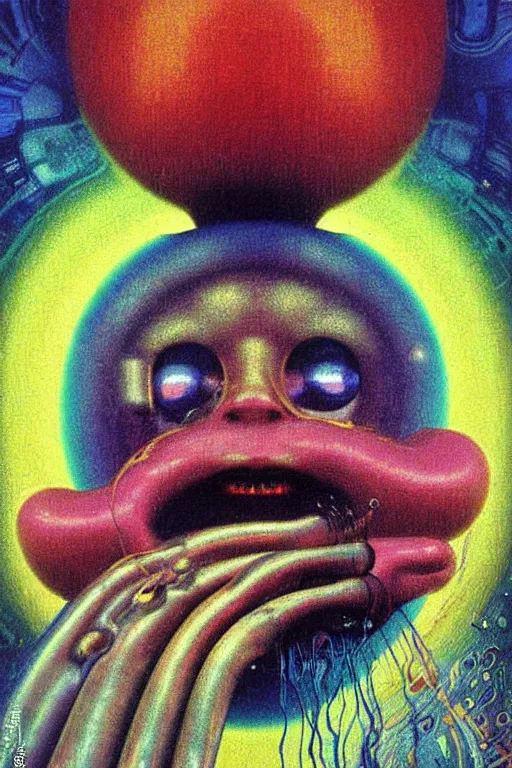 Image similar to 8 0 s art deco close up portait of mushroom head with big mouth surrounded by spheres, rain like a dream oil painting curvalinear clothing cinematic dramatic cyberpunk fluid lines otherworldly vaporwave interesting details epic composition by basquiat artgerm rutkowski moebius francis bacon gustav klimt