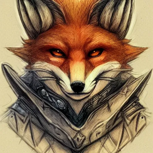 Image similar to heroic character design of anthropomorphic fox, whimsical fox, portrait of face, holy crusader medieval, final fantasy tactics character design, character art, whimsical, lighthearted, colorized pencil sketch, highly detailed, Akihiko Yoshida