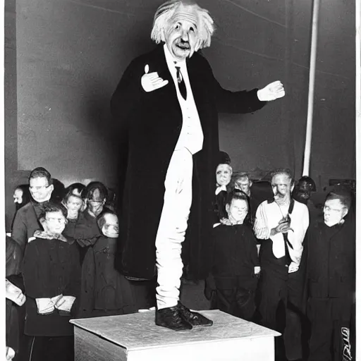 Prompt: Albert Einstein tallest man in the world being showed off at a circus