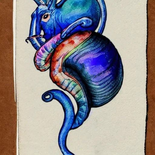 Prompt: scheming snail - boar aristocrat creature wearing an old silk overcoat, iridescent colors, art nouveau ink illustration with watercolor wash, cobalt blue and pyrrol scarlet, scarabaeidae, arches 4 4 0