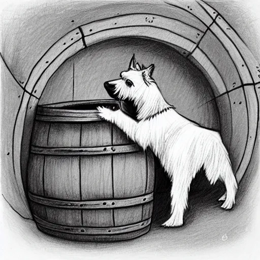 Image similar to pencil sketch of a westie dressed as a monk admiring a wine barrel