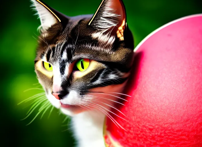 Prompt: photo of a cat wearing a helmet made of a watermelon. fantasy horror style. highly detailed 8 k. intricate. lifelike. soft light. nikon d 8 5 0 5 5 mm. dof. cinematic post - processing.