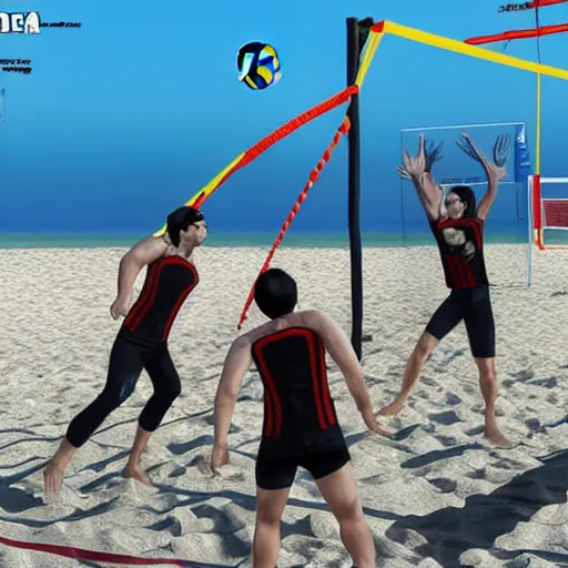 Prompt: Call of Duty Operators playing volleyball on beach 2v2