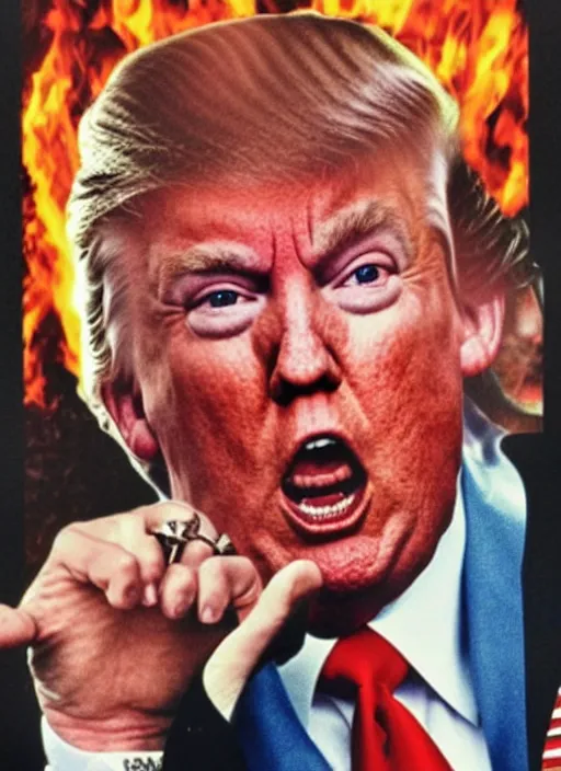 Image similar to an 8 0's john alvin action movie poster of donald trump starring in trumpster fire. dumpster explosions.