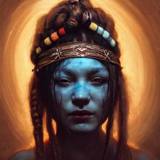 Image similar to A young blindfolded shaman woman with a decorated headband, in the style of heilung, blue hair dreadlocks and wood on her head, atmospheric lighting, intricate detail, cgsociety, ambient light, dynamic lighting, art by karol bak