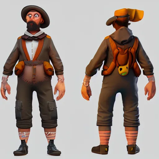 Image similar to character design of a stylized explorer and cartographer in the style of Studio Ghilbi, stylized cartoon texture and modeling 3D, unreal 5, realistic, dynamic lighting, highly detailed