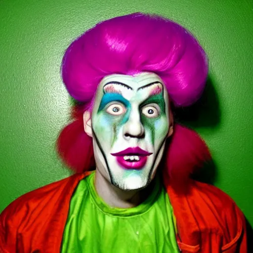 Prompt: A colored colorized real mugshot of Jerma with sad frowning and crying with clown makeup on and a green wig, embarrassing, taken in the mid 2000s, taken on a 2000s Camera, realistic, hyperrealistic, very realistic, very very realistic, highly detailed, very detailed, extremely detailed, detailed, digital art, trending on artstation, headshot and bodyshot, detailed face, very detailed face, very detailed face, real, real world, in real life, realism, HD Quality, 8k resolution, intricate details, colorized photograph, colorized photon, body and headshot, body and head in view