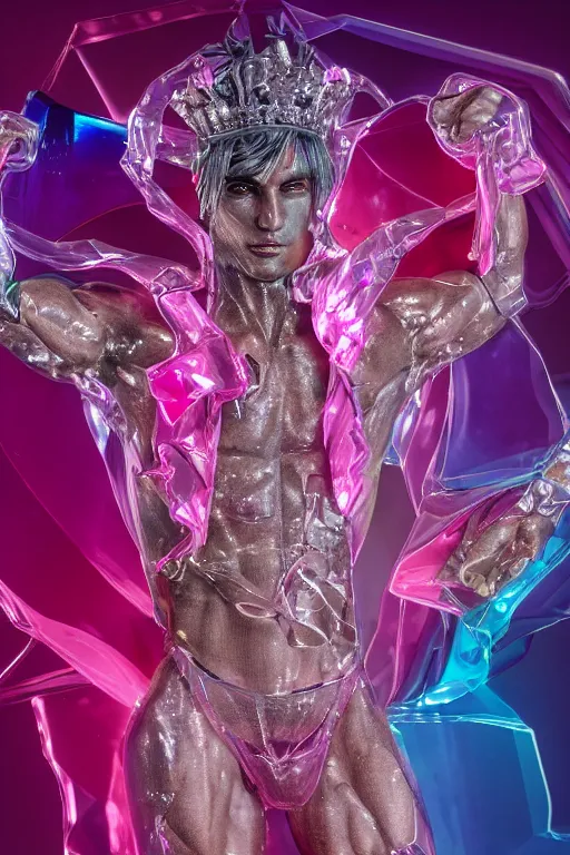 Image similar to hyper detailed ultra sharp fullbody photo of baroque and cyberpunk transparent pink gem sculpture of a muscular seductive muscular italian guido feeling muy cachondo, muy dotado, iridescent humanoid deity wearing pink plastic seethrough cloak, holding a rainbow tiger gem, blue diamond, glowing pink face, crown of white diamonds, cinematic lighting, photorealistic, octane render 8 k