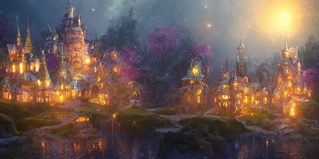 Image similar to a glittering fairy castle at night, extremely detailed oil painting, unreal 5 render, fantasy digital art, octane render, beautiful composition, trending on artstation, award-winning photograph, masterpiece