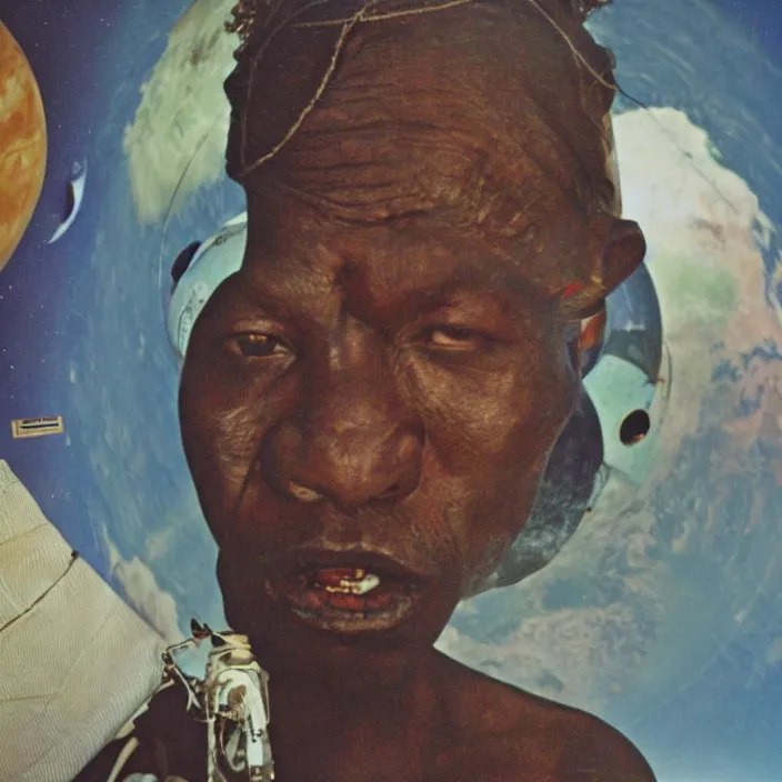 Prompt: analogue photo of an African tribal chief looking - at planet earth - out the porthole window of a space shuttle's orbiter, close-up, colour, photo shot by martha cooper, 35mm,
