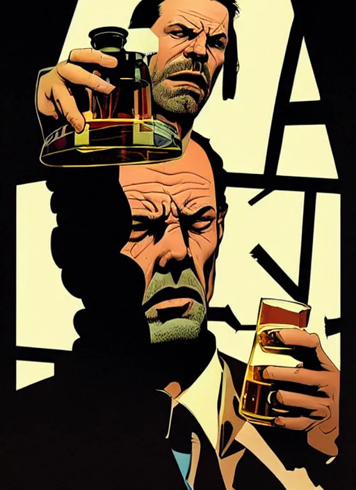 Prompt: poster artwork by Michael Whelan and Tomer Hanuka, a portrait of Max Payne drinking whisky, clean