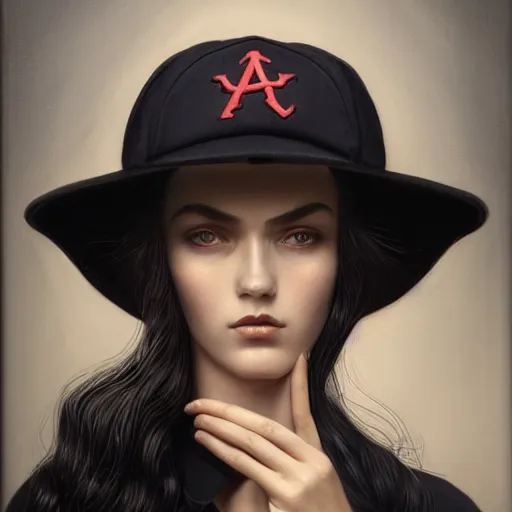 Image similar to tom bagshaw portrait, beautiful portrait of a woman with angel eyes in a suit, hair under a baseball cap, professionally retouched, focus eyes, ultra realistic soft painting, insanely detailed linework, symmetrical accurate intricate features, behance, 8 k