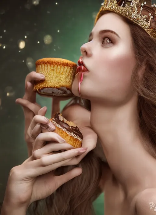 Prompt: closeup face profile portrait of a fairytale princess wearing a crown eating cakes, bikini, depth of field, zeiss lens, fashion photoshoot, by dan decarlo, breathtaking, 8 k resolution, extremely detailed, beautiful, establishing shot, artistic, hyperrealistic, octane render