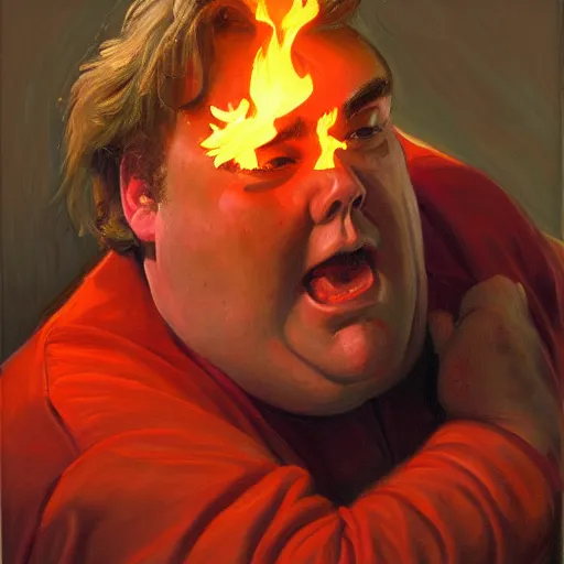 Prompt: portrait of john candy crying in the metaverse, fire and pain, oil on canvas by william sydney mount, trending on artstation