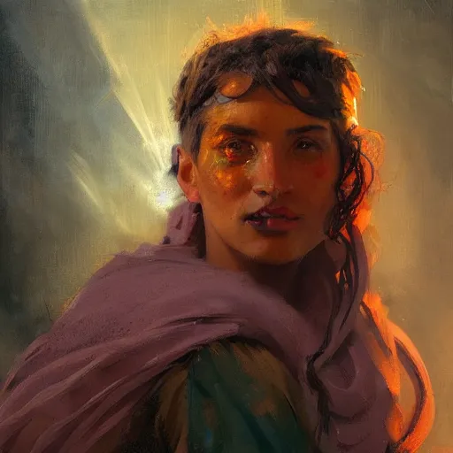 Prompt: an oil art close up portrait of young roma mage with hex magic in style of disco elysium character, gipsy jester character design from ravenloft, art by anders zorn, wonderful masterpiece by greg rutkowski, beautiful cinematic light, american romanticism by greg manchess, jessica rossier