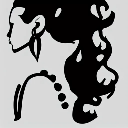 Image similar to a black and white drawing of the silhouette of a woman with long curly in a ponytail hair using a dress