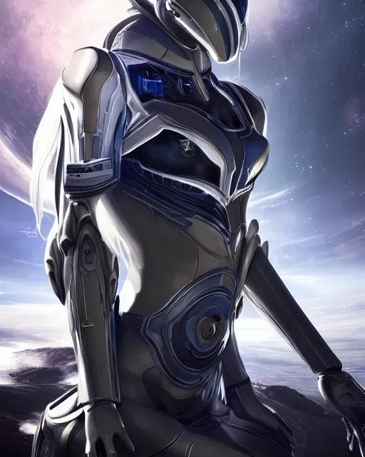 Image similar to photo of a android girl on a mothership, warframe armor, beautiful face, scifi, hood, futuristic background, galaxy raytracing, masterpiece, ethereal, beauty, long white hair, blue cyborg eyes, cosmic wind, priestess, 8 k high definition, insanely detailed, intricate, innocent, art by akihiko yoshida, antilous chao, woo kim