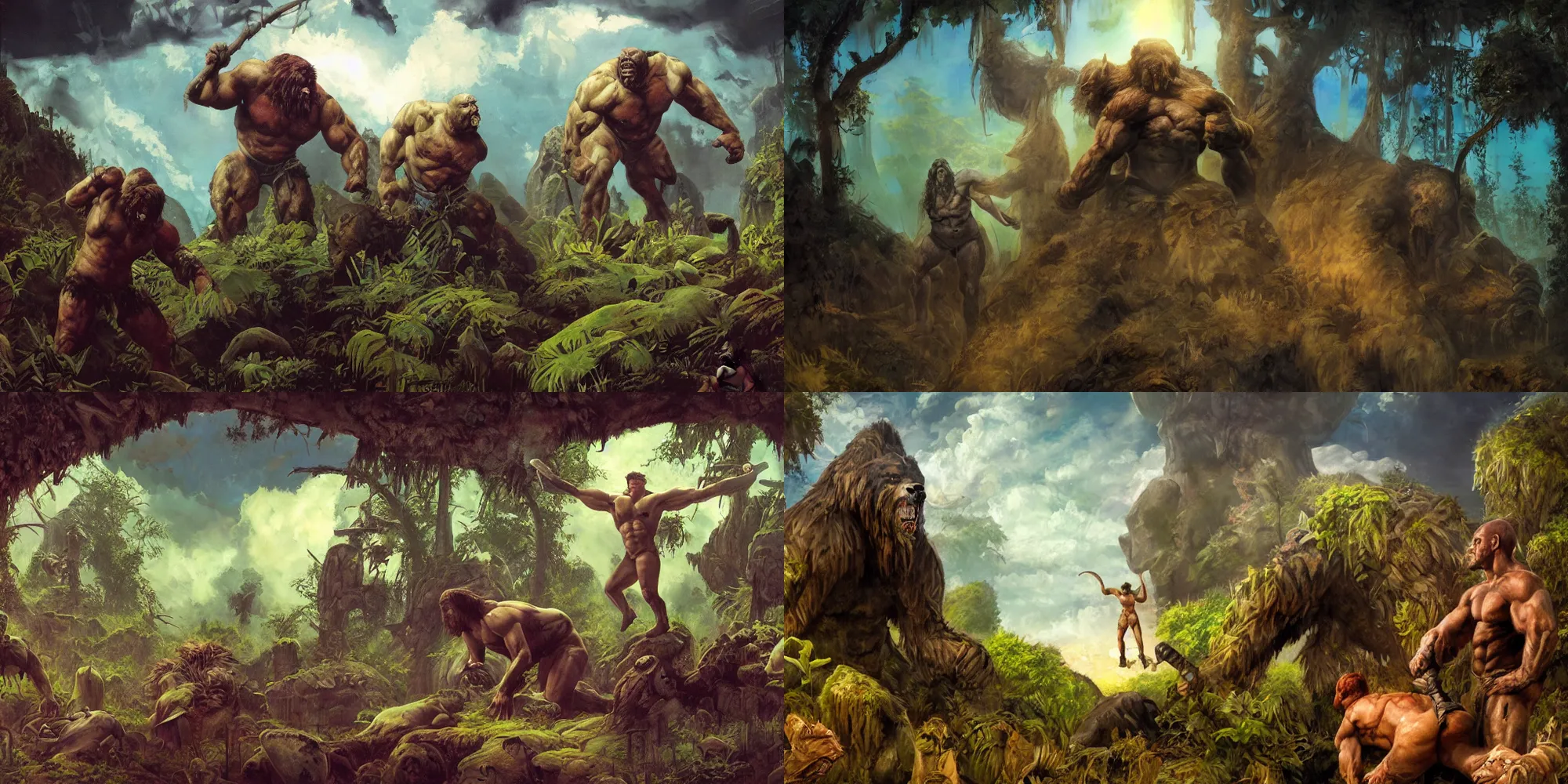 Prompt: muscular grizzly bear barbarian wrestler and small astronaut in moody frazetta jungle , dead corpses , cyan portal gate , big graveyard, extremely textured frazetta oil painting panorama dramatic sky backlight