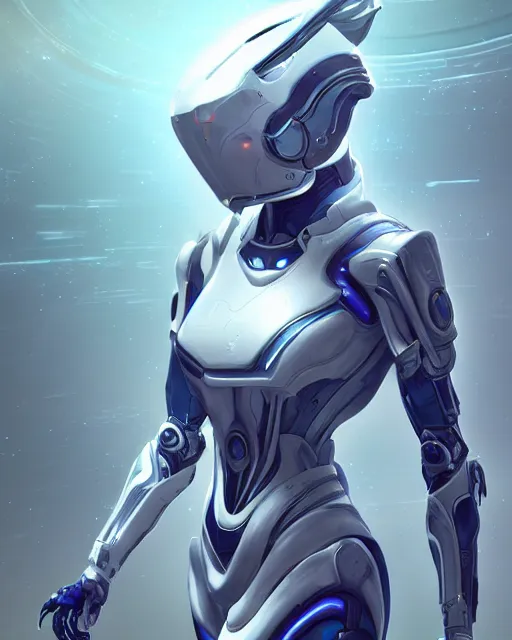 Image similar to perfect android girl on a mothership, warframe armor, beautiful face, scifi, futuristic, galaxy, nebula, raytracing, dreamy, long white hair, blue cyborg eyes, sharp focus, cinematic lighting, highly detailed, artstation, divine, by gauthier leblanc, kazuya takahashi, huifeng huang