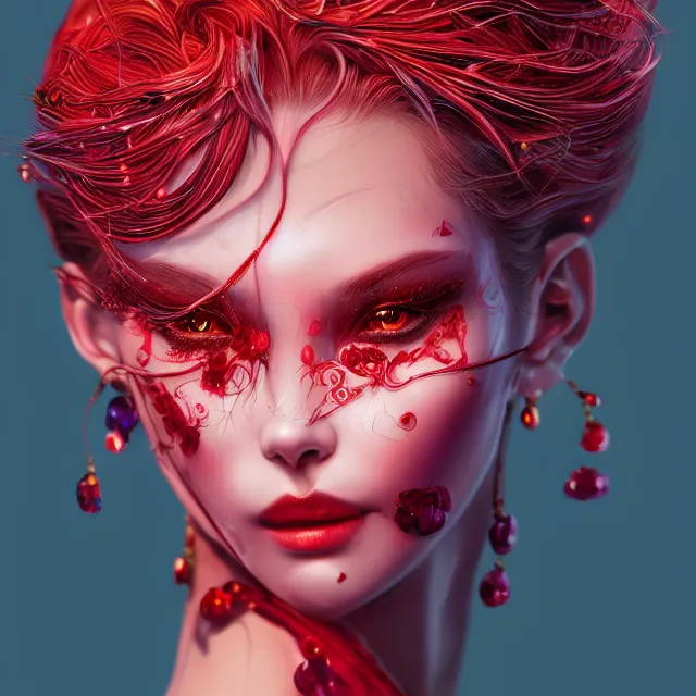Prompt: an absurdly beautiful, elegant, young hypercolorful sensual gravure idol made of rubies and red gems, ultrafine hyperrealistic detailed face illustration by kim jung gi, irakli nadar, intricate linework, sharp focus, bright colors, matte, octopath traveler, final fantasy, unreal engine highly rendered, global illumination, radiant light, intricate environment