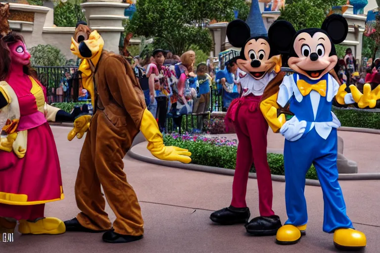 Image similar to an awkward interaction with grossly deformed costumed characters at disneyland. children are terrified. highly detailed, 1 6 k resolution, ultra realistic
