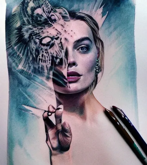 Image similar to tattoo design sketch double exposure of margot robbie faded in beautiful mountain scenery, creative mash up, in the style of arlo dicristina, surrealist, amazing detail, sharp