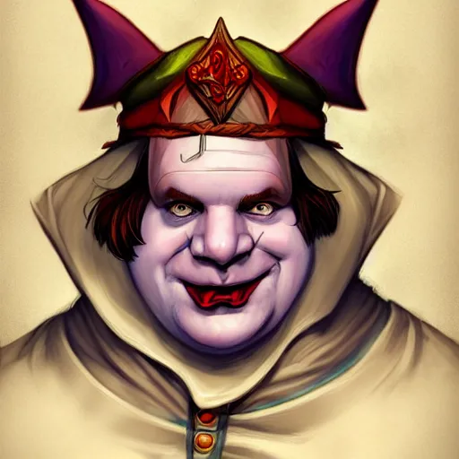 Image similar to a fantasy comic - style full portrait of a jester who looks like chris farley, digital illustration by ken taylor and sana takeda and jenny frison, character design, concept art, fine inking lines, vivid colors, dnd, highly detailed!, hd, 4 k, trending on artstation