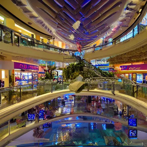 Image similar to photo of inside a shopping mall the inside is flooded with over 2 0 meters depth of clear water, highly detailed.