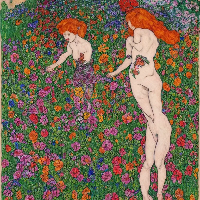 Prompt: a ginger lady with a pixie cut and covered in tattoos dancing by the riverside in a garden full of huge flowers by tivadar csontvary kosztka and egon schiele