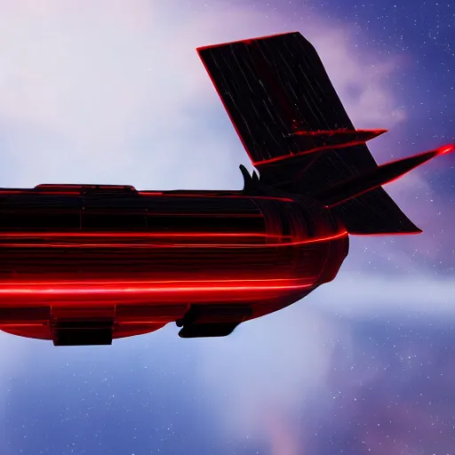 Image similar to black spaceship with red lights flying through the atmosphere concept art realistic