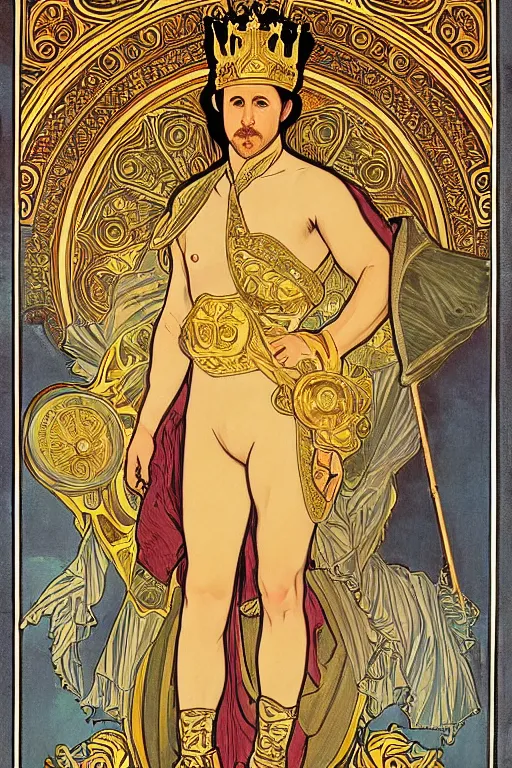 Prompt: Full-body portrait of Ryan Gosling as a king in golden armor in the style of alphonse mucha, front view, baroque