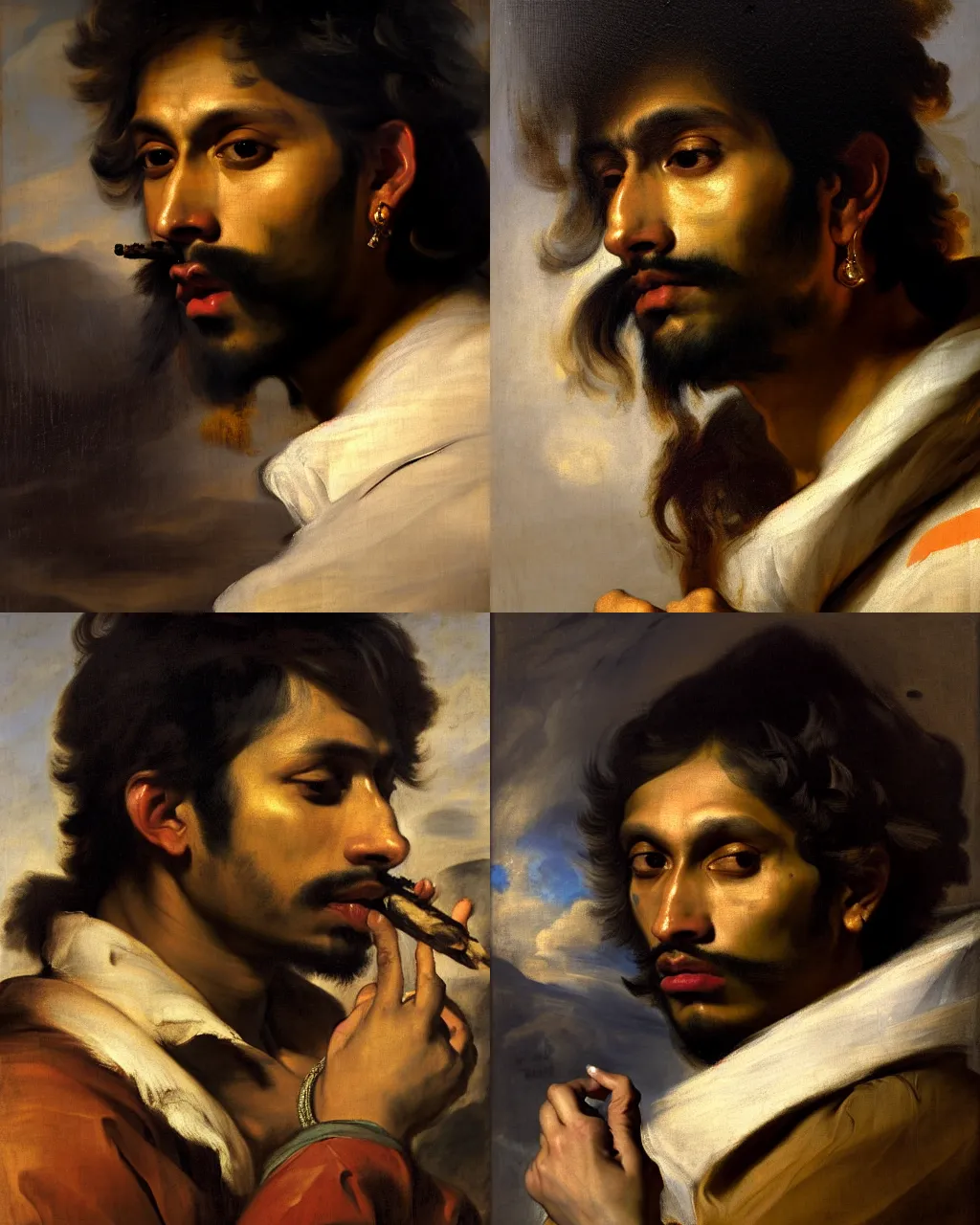 Prompt: a beautiful dramatic dynamic closeup portrait of a 2 5 years old spaced out tripping indian stoner boy smoking a blunt, head only, by by anthony van dyck, by theodore gericault, by greg rutkowski, oil on canvas, rococo color palette, trending on artstation, masterpiece, cold lighting, detailed, 8 k