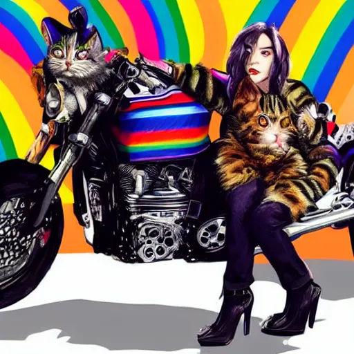 Image similar to wide angle full body, jacket wearing fluffy cute rainbow kitten wearing a black leather motorcycle jacket, cinematic concept art