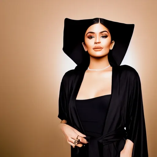 Image similar to kylie jenner wearing black robe and golden necklace cinematic photoshoot high quality highly affordable photo realistic 8 k hd