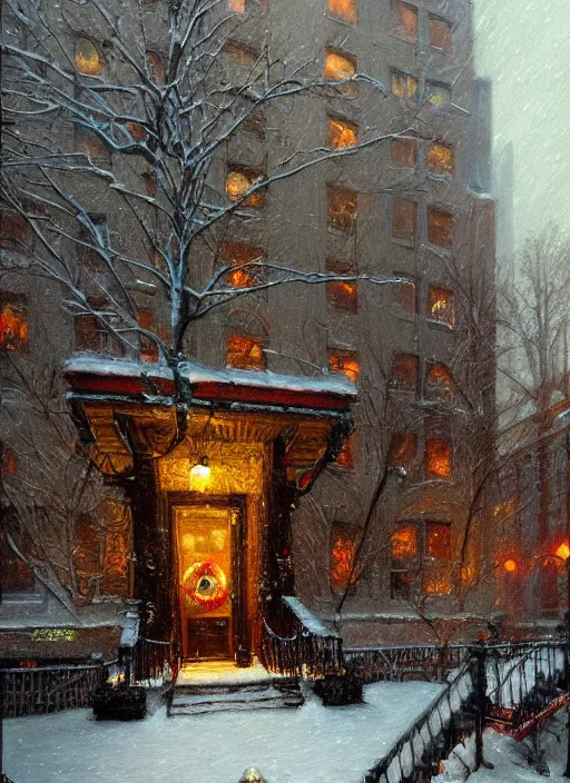 Image similar to new york apartment building in winter, wreath on door, snow, artwork by gaston bussiere, craig mullins, trending on artstation