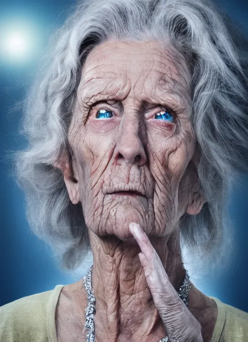 Prompt: a hyper realistic ultra realistic photograph of the 1000 foot tall grandma, highly detailed, 8k photo, meteor, death stare