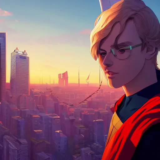 Image similar to ⁠portrait of Thor , Karachi skyline background, rich vivid colors, ambient lighting, dynamic lighting, 4k, HQ, official media, anime key visual, makoto shinkai, ilya kuvshinov, lois van baarle, rossdraws, detailed, trending on artstation