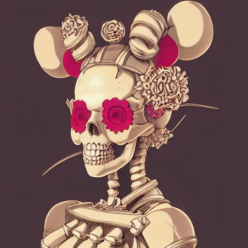 Image similar to anime manga skull profile young woman skeleton, minnie mouse, marge simpson, unreal engine, intricate, elegant, highly detailed, digital art, art by JC Leyendecker and sachin teng