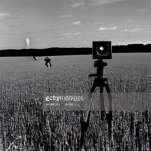 Prompt: wide view of an alien tripod walking in a field, aiming its laser at nearby peasants, 90s VHS TV still from the British series The Tripods (1984)