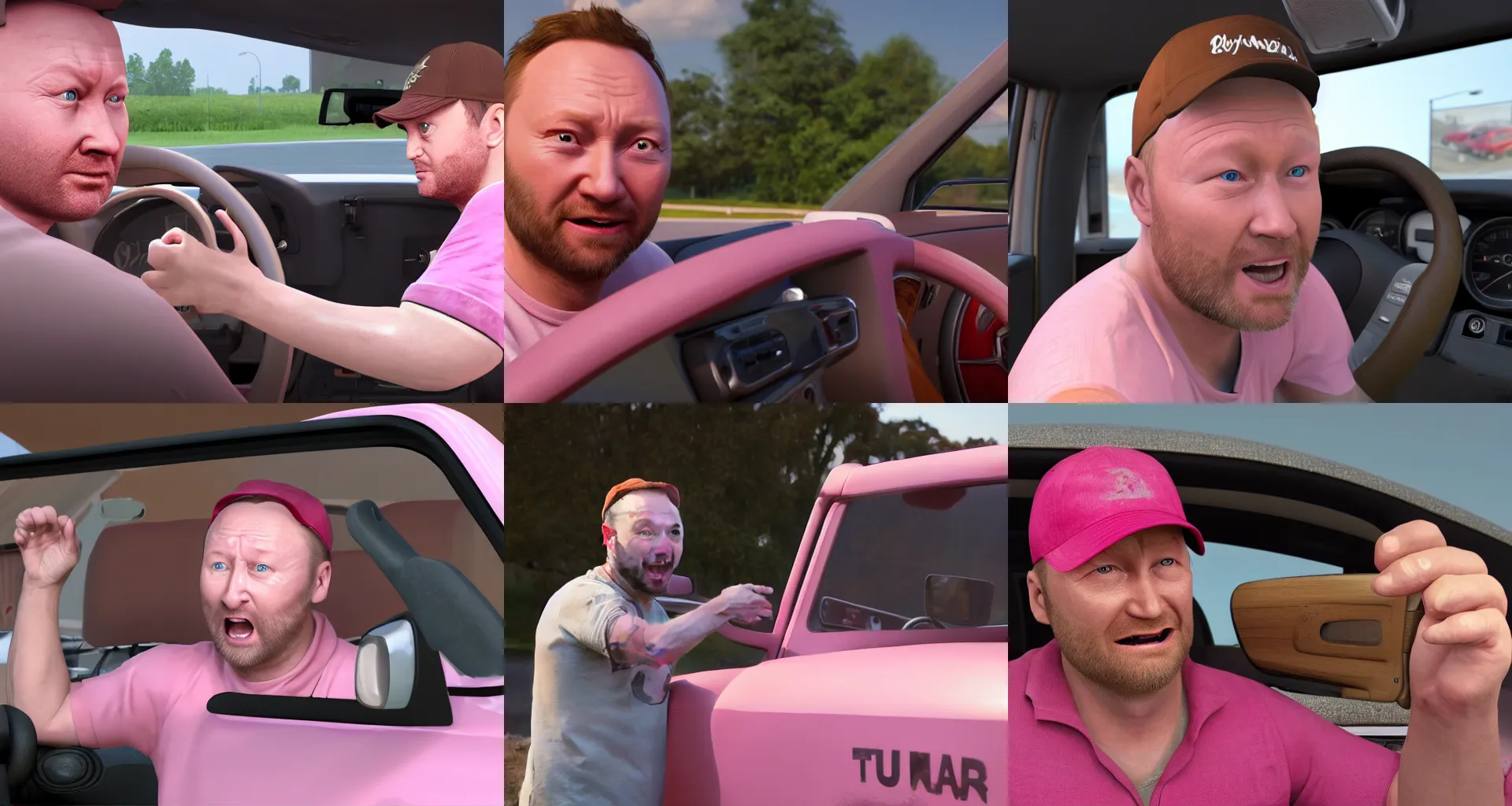 Prompt: a white man who looks just like limmy crying wearing a brown trucker's cap while holding the steering wheel in a pink truck, unreal 5, DAZ, hyperrealistic, octane render, Detailed Digital Art, dynamic lighting, Highly Detailed, Cinematic Lighting, Unreal Engine, 8k, HD