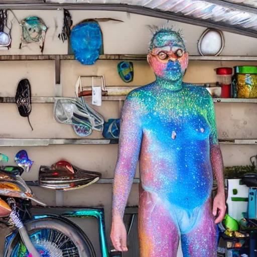 Image similar to a human standing in his garage, covered with iridescent bodypaint, shells and barnacles