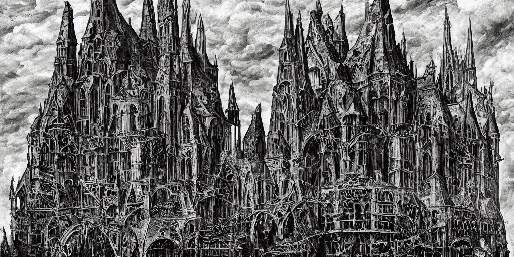 Prompt: demonic gothic megastructure in the style of heironymus bosch, dark intricate masterpiece, hyper detailed, hd