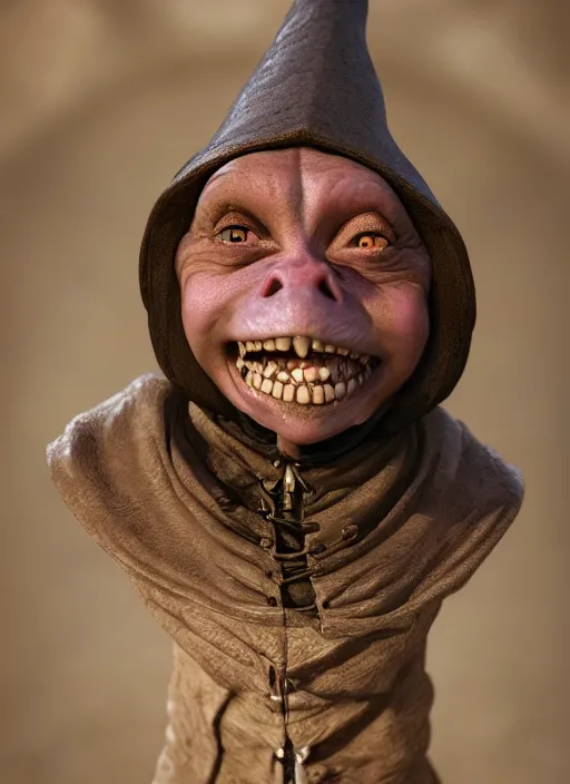 Image similar to closeup portrait of a medieval goblin smiling, depth of field, zeiss lens, detailed, symmetrical, centered, fashion photoshoot, by Annie Leibovitz and Steve McCurry, David Lazar, Jimmy Nelsson, Breathtaking, 8k resolution, extremely detailed, beautiful, establishing shot, artistic, hyperrealistic, beautiful face, octane render