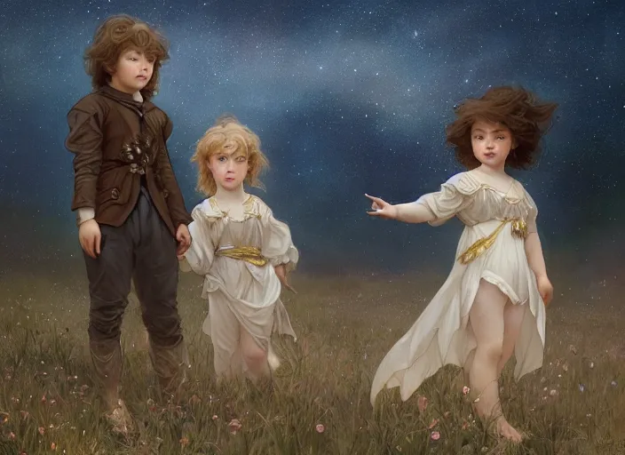 Image similar to A cute little girl with shoulder length curly brown hair and her younger brother with short blonde hair. They are standing in a field at night and the sky is filled with constellations. beautiful fantasy art by By Artgerm and Greg Rutkowski and Alphonse Mucha, trending on artstation.