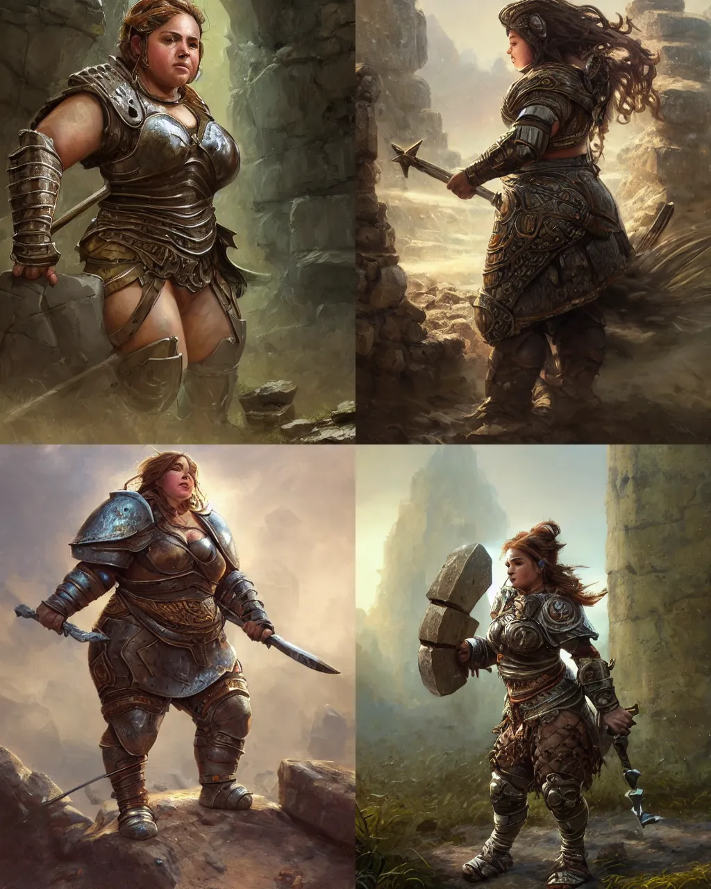 Prompt: robust female dwarf warrior wearing heavy plate armor, strong chubby fat rotund stocky body, at the stone ruins, rpg artwork, hyperdetailed, hyperrealistic, soft light, imposing presence, pino daeni and dan mumford, artstation, intricate metal, smooth, sharp focus