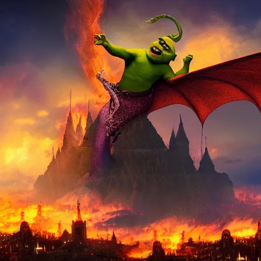 Prompt: shrek riding a fire breathing dragon over a city in flames, ethereal, matte painting