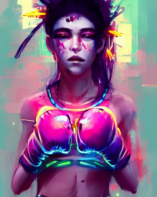 Prompt: detailed portrait Neon boxer Girl, cyberpunk futuristic neon, reflective crop top and shorts, boxing gloves, decorated with traditional Japanese ornaments by Ismail inceoglu dragan bibin hans thoma greg rutkowski Alexandros Pyromallis Nekro Rene Maritte Illustrated, Perfect face, fine details, realistic shaded, fine-face, pretty face