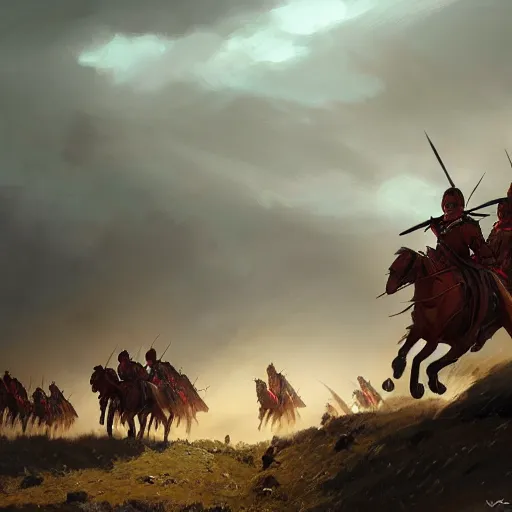 Image similar to winged hussars charging down a hill at ottoman soldiers 4 k, concept art, by wlop, ilya kuvshinov, artgerm, krenz cushart, greg rutkowski, pixiv. cinematic dramatic atmosphere, sharp focus, volumetric lighting, cinematic lighting, studio quality