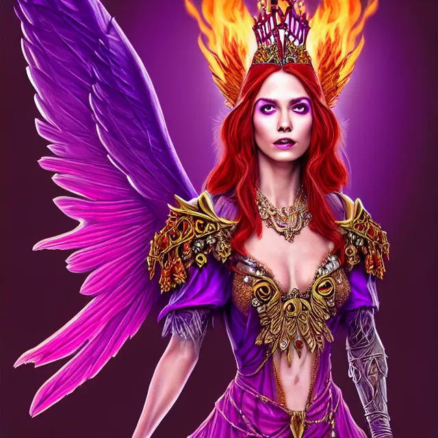 Prompt: Princess sorceress with red flaming bird wings on her back and sitting on an ornate throne dressed in a fancy long purple dress, beautiful realistic symmetrical defined face, Slight smile and open eyes, anatomically correct, Fantasy, Full Portrait, High detail, realistic, planeswalker