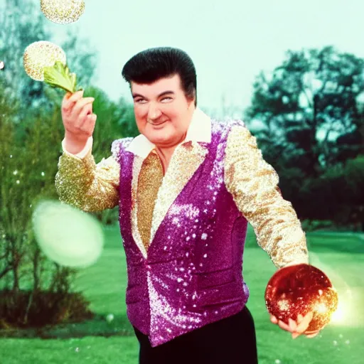 Image similar to liberace tossing a salad, bubbles coming out of his ears, glittery border,